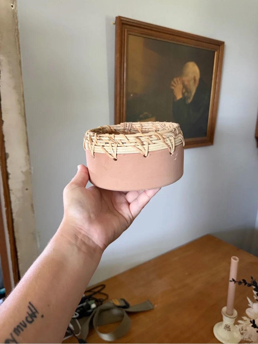 Ashland Pink Terracotta Bowl with Woven Natural Rim
